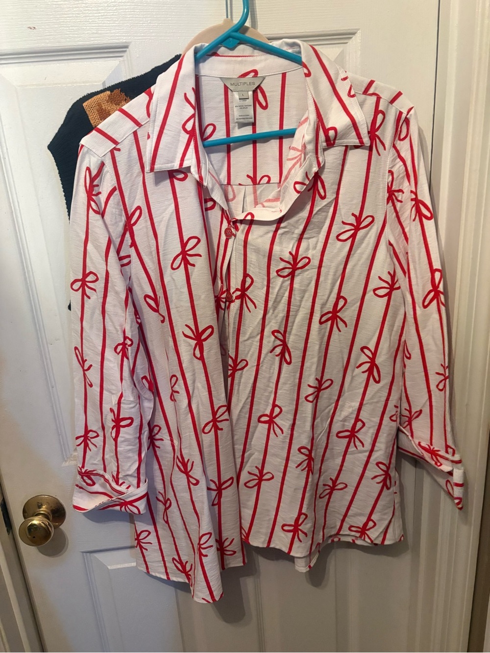 MULTIPLES Red & White Striped Button-Up Shirt with Bow Motif